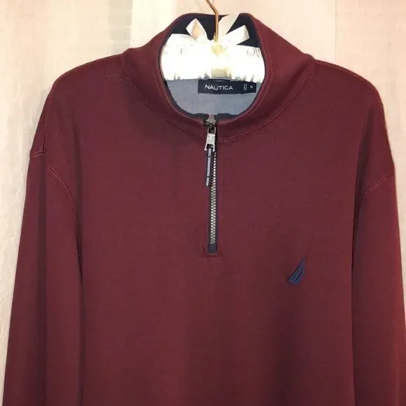 Nautica XL Burgundy with Navy Details Cotton Knit Quarter Zip Pullover